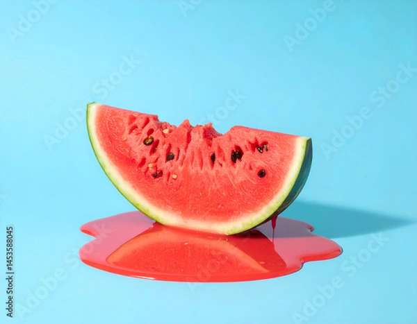 Fototapeta Melting watermelon slice on blue background with space for text. Creative summer composition.