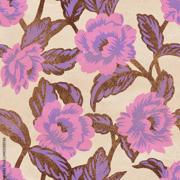 Fototapeta Seamless vintage floral pattern with white flowers and green leaves on a soft blue background. Perfect for fabric, wallpaper, packaging, and spring or summer designs. Retro botanical style.