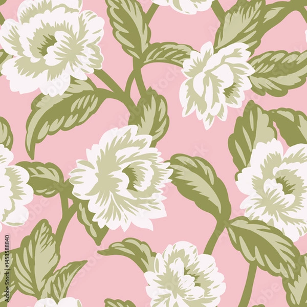 Fototapeta Seamless vintage floral pattern with white flowers and green leaves on a pink background. For fabric, wallpaper, packaging, and spring or summer designs. Retro botanical style.