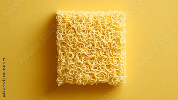 Fototapeta Square block of raw ramen noodles on vibrant yellow background, showcasing texture and simplicity