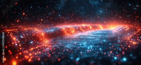Fototapeta Abstract digital landscape with glowing particles.