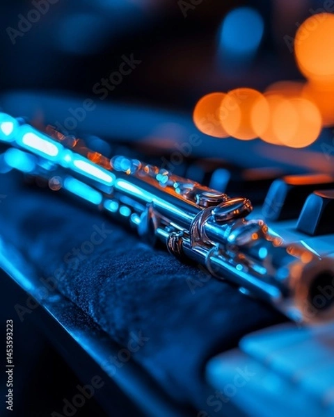 Fototapeta Sleek flute instrument reflecting vivid blue and orange hues in a concert setting