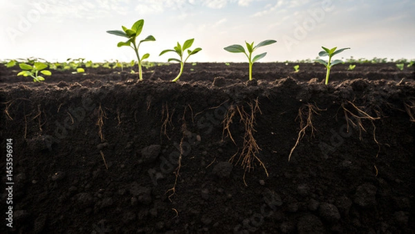 Fototapeta A plowed field with fertile black soil, Seedlings Growing Beneath Soil in Natural Environment  