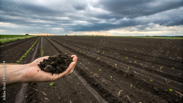 Fototapeta Hand holding soil showcasing new seedlings on a farm field  