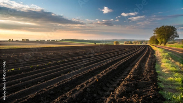 Fototapeta  ploughed field with fertile chernozem, Agricultural field with furrows at sunset  