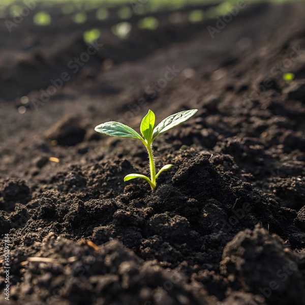 Fototapeta Fertile land., Small green plant emerging from dark soil in a farm field  