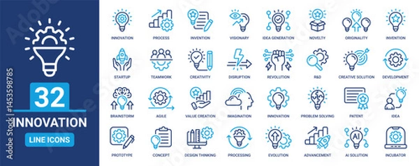 Fototapeta Innovation icon set. Containing idea, invention, creativity, concept, startup, agile, prototype, process, visionary and more. Outline icons vector collection.