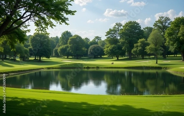 Fototapeta Serene Lake Reflects The Blue Sky And Green Trees of Summer Park Landscape
