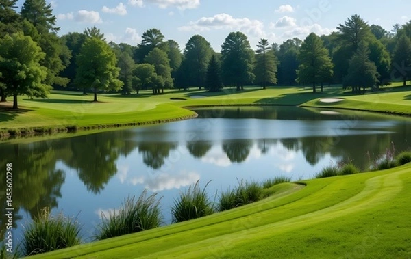 Fototapeta Serene Lake Reflects The Blue Sky And Green Trees of Summer Park Landscape