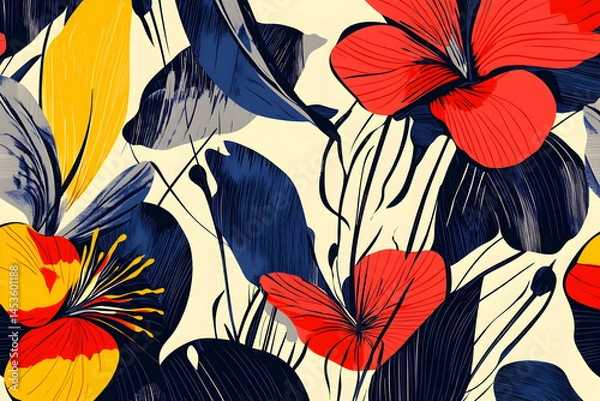 Fototapeta Abstract floral pattern featuring red yellow and blue flowers and leaves.