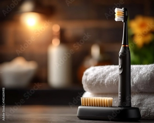Obraz Electric toothbrush on charger, towels, and bathroom background in soft lighting
