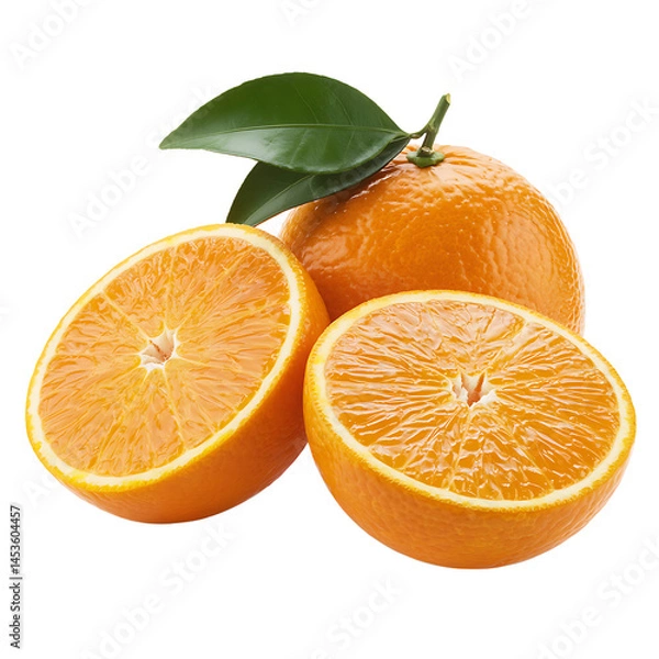 Obraz Fresh orange with sliced halves and green leaves