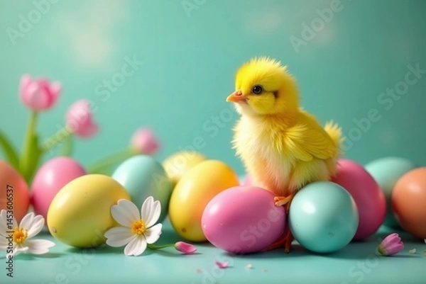 Obraz Colorful eggs with a tiny chick and vibrant blooms , holiday, bouquet