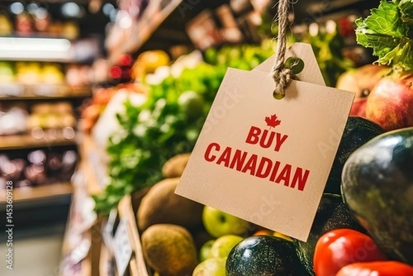 Fototapeta Sign promoting local produce in a grocery store encouraging customers to support Canadian farmers and buy fresh fruits and vegetables during the day