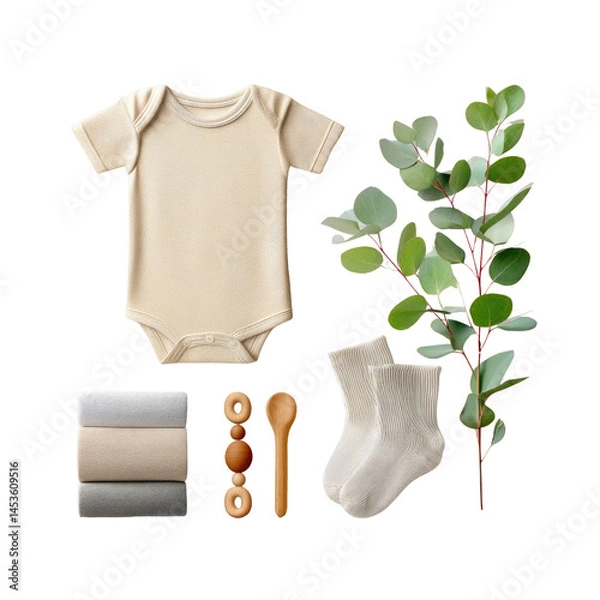 Obraz A collection of neutral baby items including a bodysuit, socks, wooden toys, and soft linens is displayed alongside greenery. The arrangement highlights calm colors and textures suitable for infants