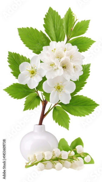Obraz Delicate white flowers bloom on branches, highlighted by fresh green leaves. The arrangement features a minimalist vase, complementing the lily of the valley below, showcasing nature's beauty