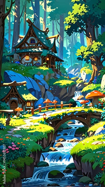 Fototapeta an enchanted elf village along a sparkling forest stream. Quaint curved wooden houses with vibrant moss roofs and flower-adorned chimneys are connected by small bridges.