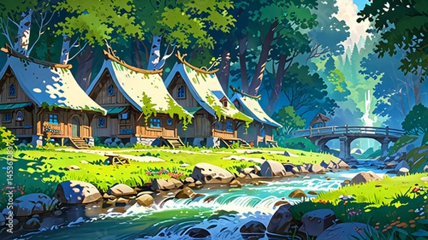 Fototapeta an enchanted elf village along a sparkling forest stream. Quaint curved wooden houses with vibrant moss roofs and flower-adorned chimneys are connected by small bridges.