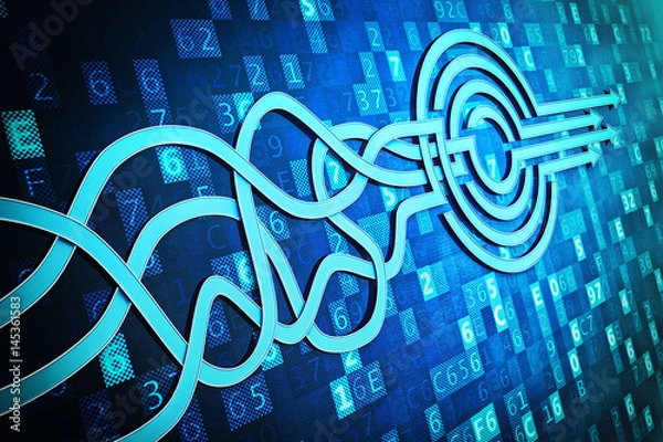 Obraz Decision making strategy and goal solution concept, target from blue arrows on a digital computer data background