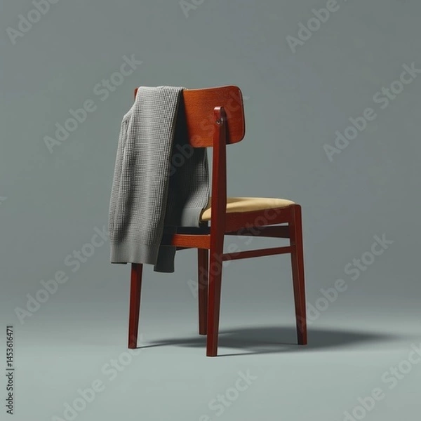 Fototapeta Vintage Danish Dining Chair with Grey Sweater in Minimalist Studio Setting