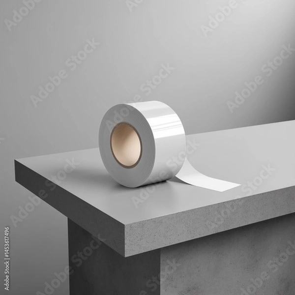 Fototapeta Wide White Adhesive Tape on Gray Table with Matching Gray Background