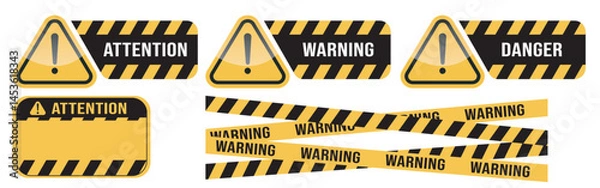 Obraz Warning vector signs. Attention sign, warning sign, caution sign, danger sign. Exclamation mark. Yellow warning caution sign text space area message box sticker label object goods commodity