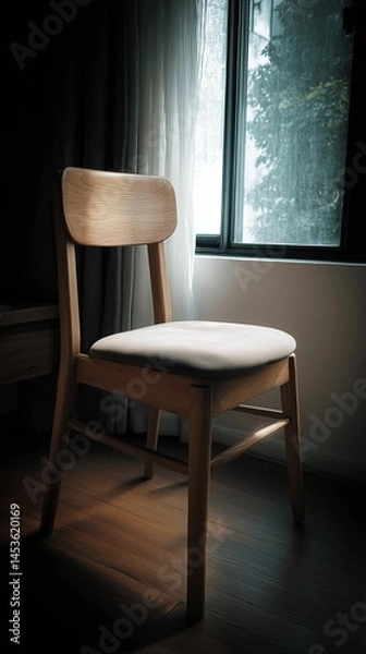 Fototapeta Minimalist Wooden Chair by Window with Soft Cushion, Inviting Solitude and Internal Strength


