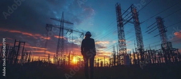 Fototapeta Engineer Sunset Power Grid Inspection