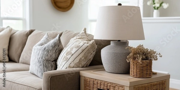 Fototapeta Front View of Sofa with Close-Up of Stone Lamp on Sideboard in Coastal Living Room