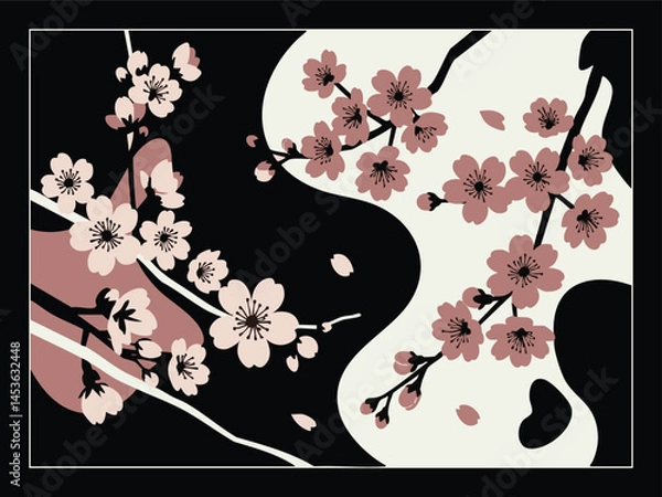 Obraz Stylized Cherry Blossoms with Contrasting Backgrounds in a Rectangular Frame