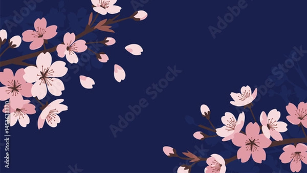 Obraz Stylized Cherry Blossoms with Delicate Pink Petals and Brown Branches on Dark Blue