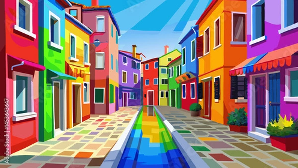 Fototapeta A rainbow street in Venice's heart,
Each home a brushstroke, bold and smart.
Burano beams in pastel pride,
A dreamy walk on the vibrant side.