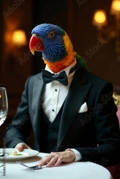 Fototapeta Elegant parrot in tuxedo, fine dining setting, bird, blacktie
