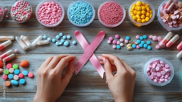 Obraz Pink ribbon surrounded by various pills and capsules, representing breast cancer awareness and medication
