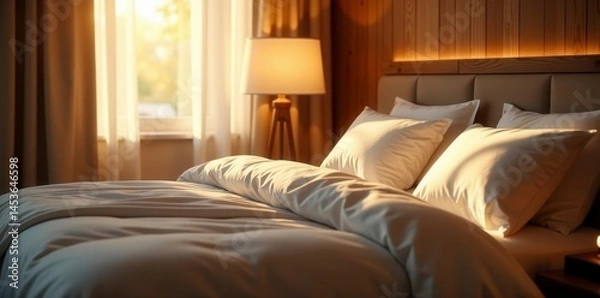 Fototapeta Soft glow illuminates plush bedding, warm wood tones , warm light, golden hour