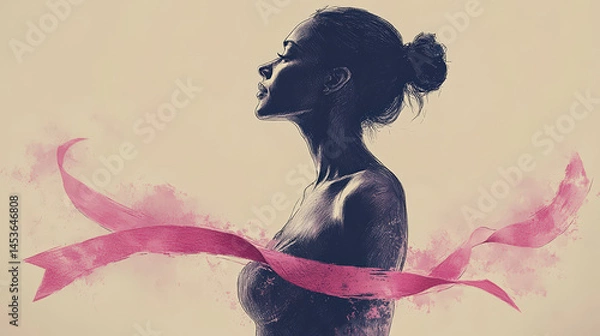 Obraz Profile of a woman, subtly adorned with flowing pink ribbons, evokes strength and resilience
