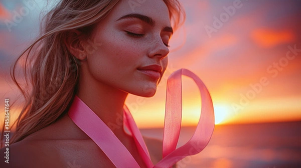 Obraz Serene blonde woman with closed eyes, pink ribbon around neck, faces vibrant sunset over ocean
