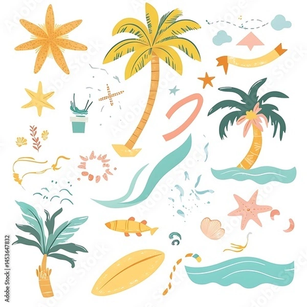 Fototapeta Simple Illustration Set Representing Summer and Fun Activities