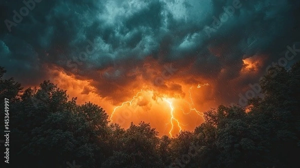 Fototapeta Dramatic storm clouds with vibrant lightning over trees