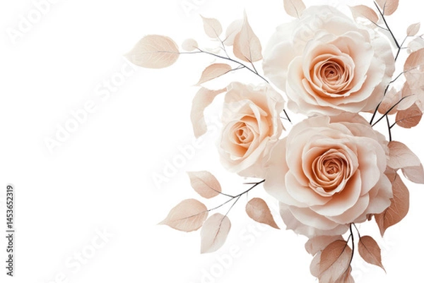 Fototapeta Elegant soft peach and cream roses with delicate leaves and branches on a white background perfect for floral arrangements romantic decor and beauty themes