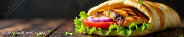 Fototapeta Grilled chicken pita overflowing with crisp lettuce, tomato, and onion , background, street food
