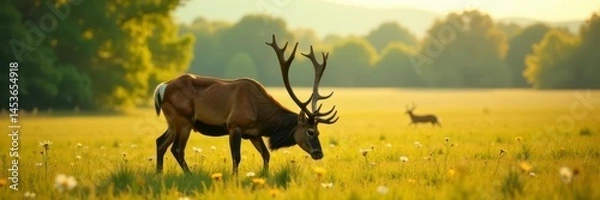 Fototapeta Large stag grazing peacefully in lush farm pasture , brown, stag, image