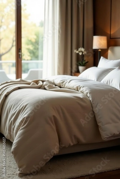 Fototapeta Luxurious bedding, plush blankets, serene space, white, interior, inviting