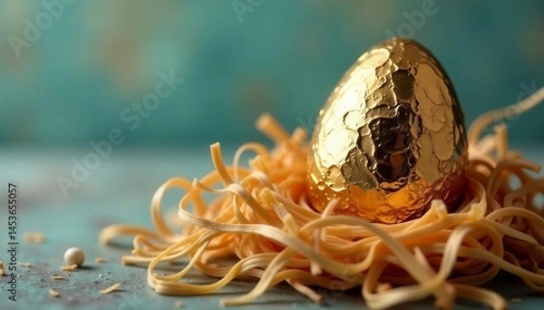 Fototapeta Metallic foil-wrapped chocolate egg, nestled in straw, easter, metallic