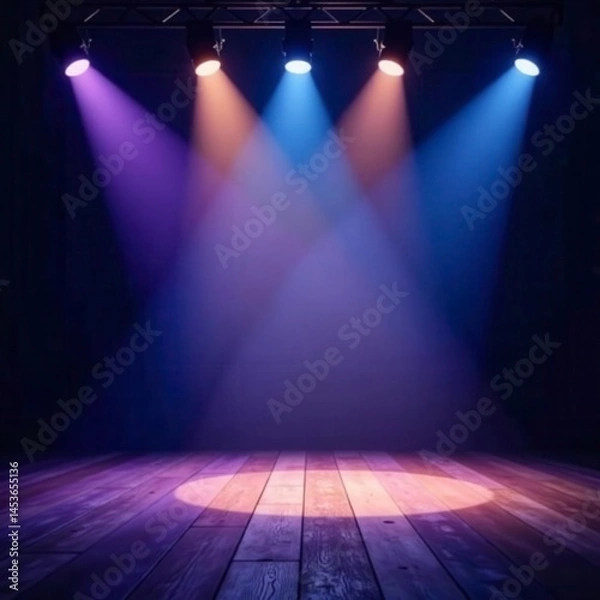 Fototapeta Multiple spotlights illuminating bare stage, dramatic angles , beams, bright