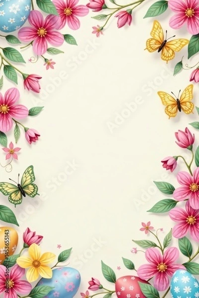 Fototapeta Pastel floral pattern with colorful Easter eggs & butterflies , pretty, graphics, colorful