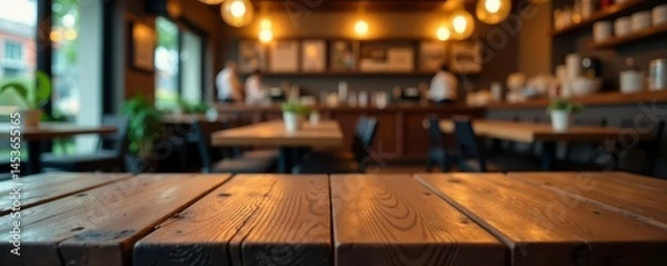 Fototapeta Rustic wooden tabletop, blurred restaurant glow, surface, table, lights