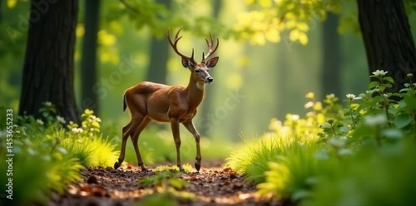 Fototapeta Sika deer gracefully walks forest path, dappled sunlight filtering through leaves , forest, outdoor, spring