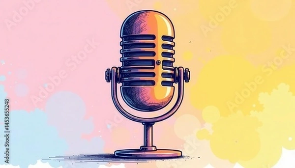 Fototapeta Single black line art doodle of a podcast microphone, isolated on white background , media, single line art, podcast