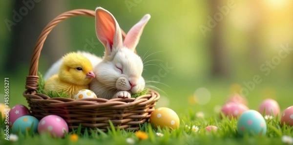Fototapeta Sleepy bunny snoring, chick peeking from basket, decorated eggs, joy, celebration